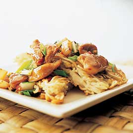 Spicy Stir-Fried Chicken and Bok Choy with Crispy Noodle Cake